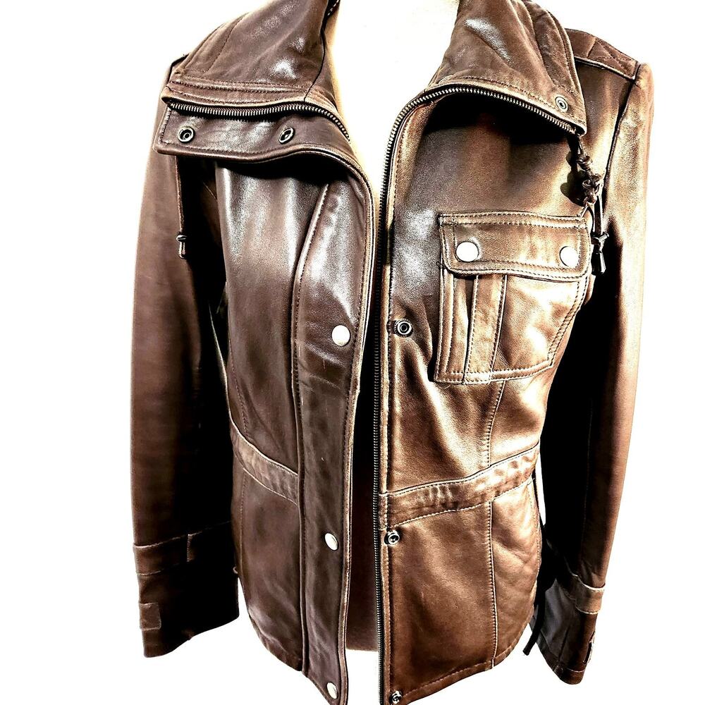 Tibor Lined Jacket Brown Size S Soft Leather Zip & Snap High Collar Classic Look - Picture 11 of 13